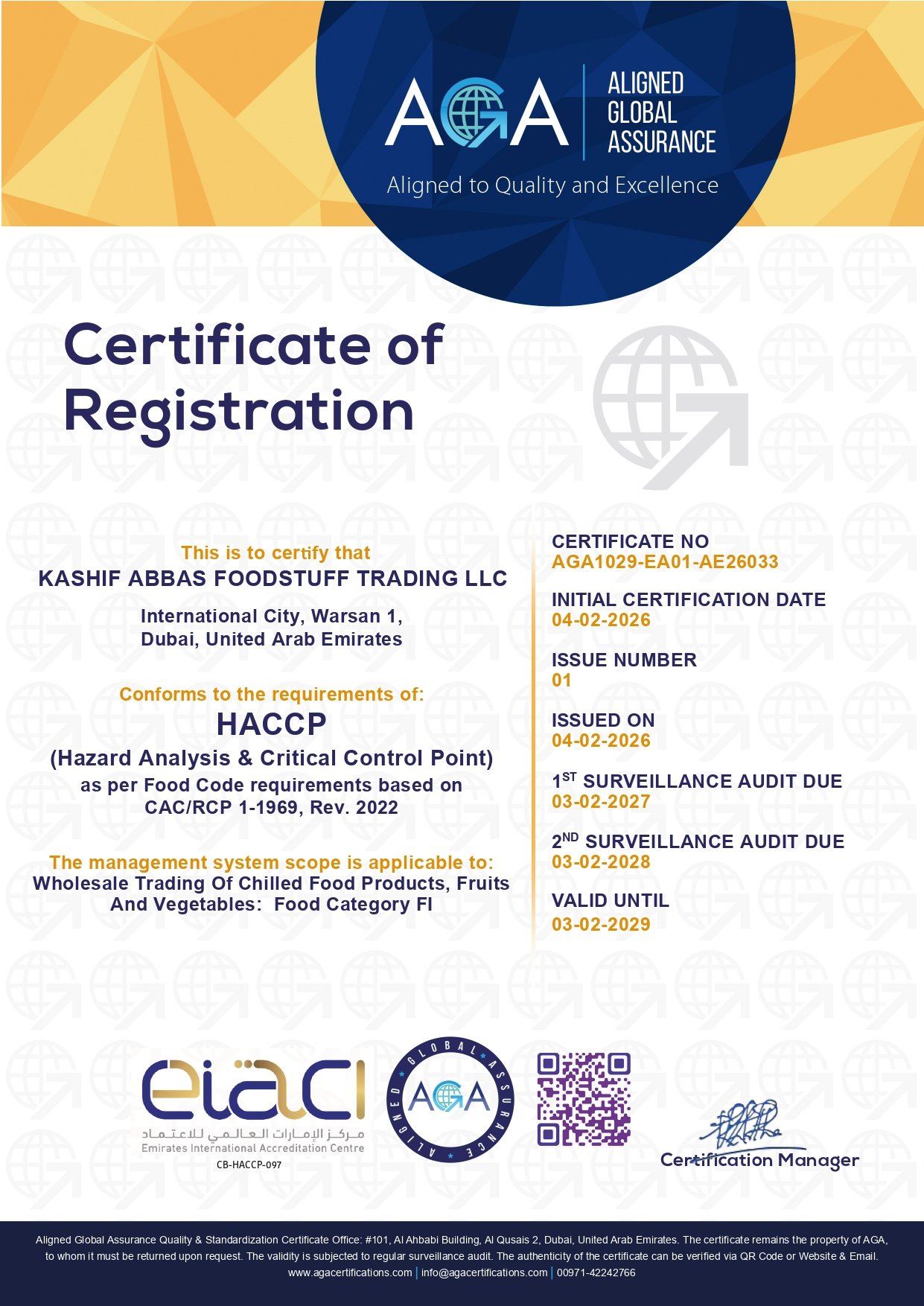 HACCP Certificate of Registration — Kashif Abbas Foodstuff Trading LLC